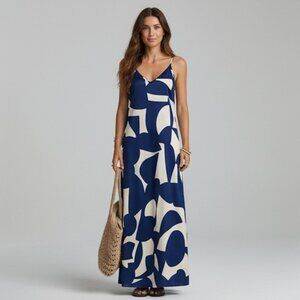 Navy Blue & White Abstract Geometric Maxi Dress | Open Back Beaded Strap